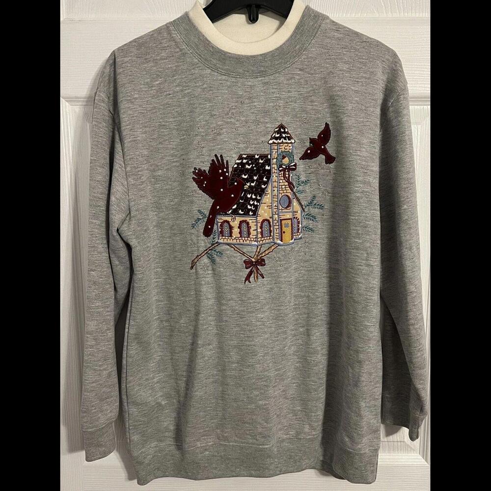 Bobbie Brooks Womens Small Sweatshirt Gray With Embroidered Church & Cardinals
